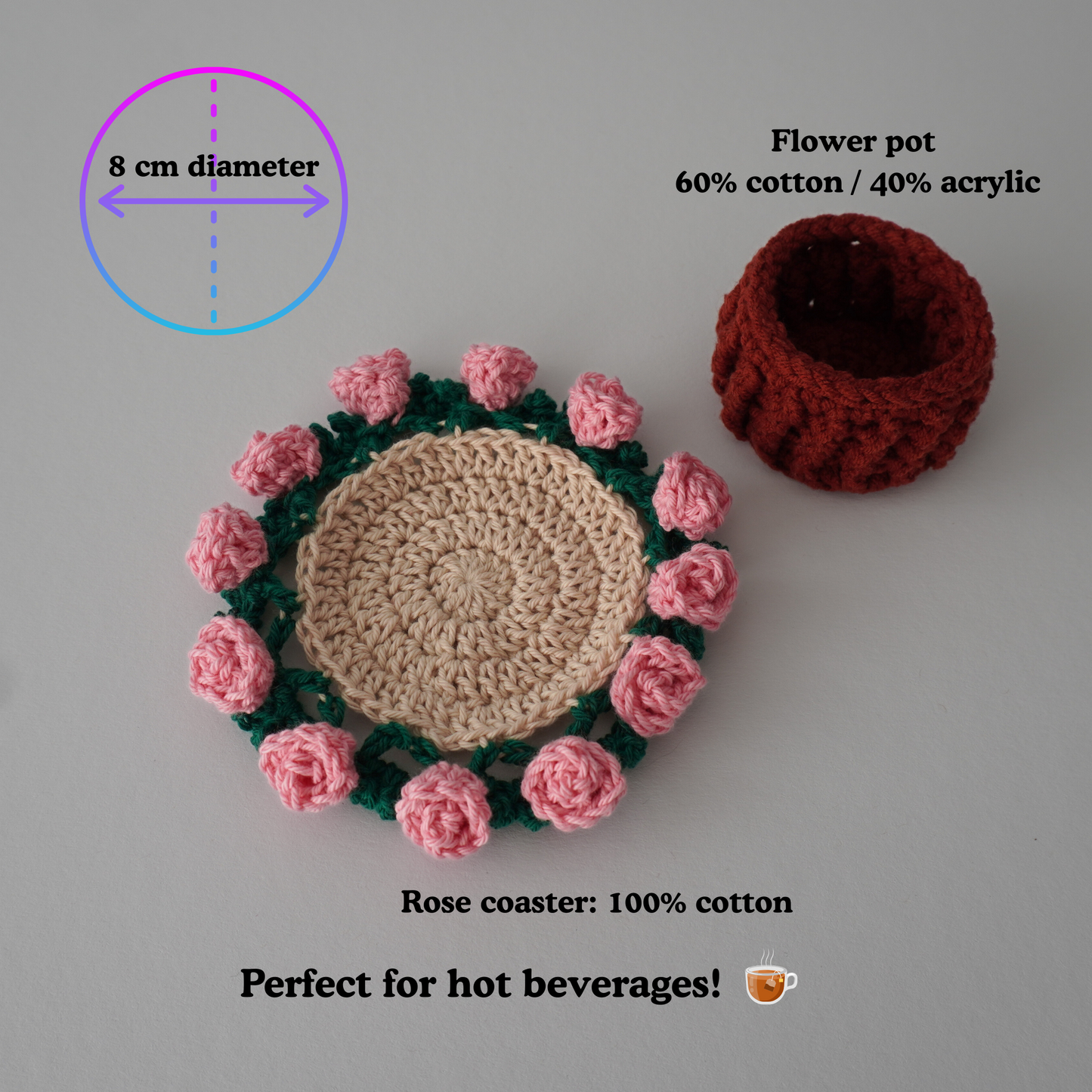 Pink rose crochet coaster
