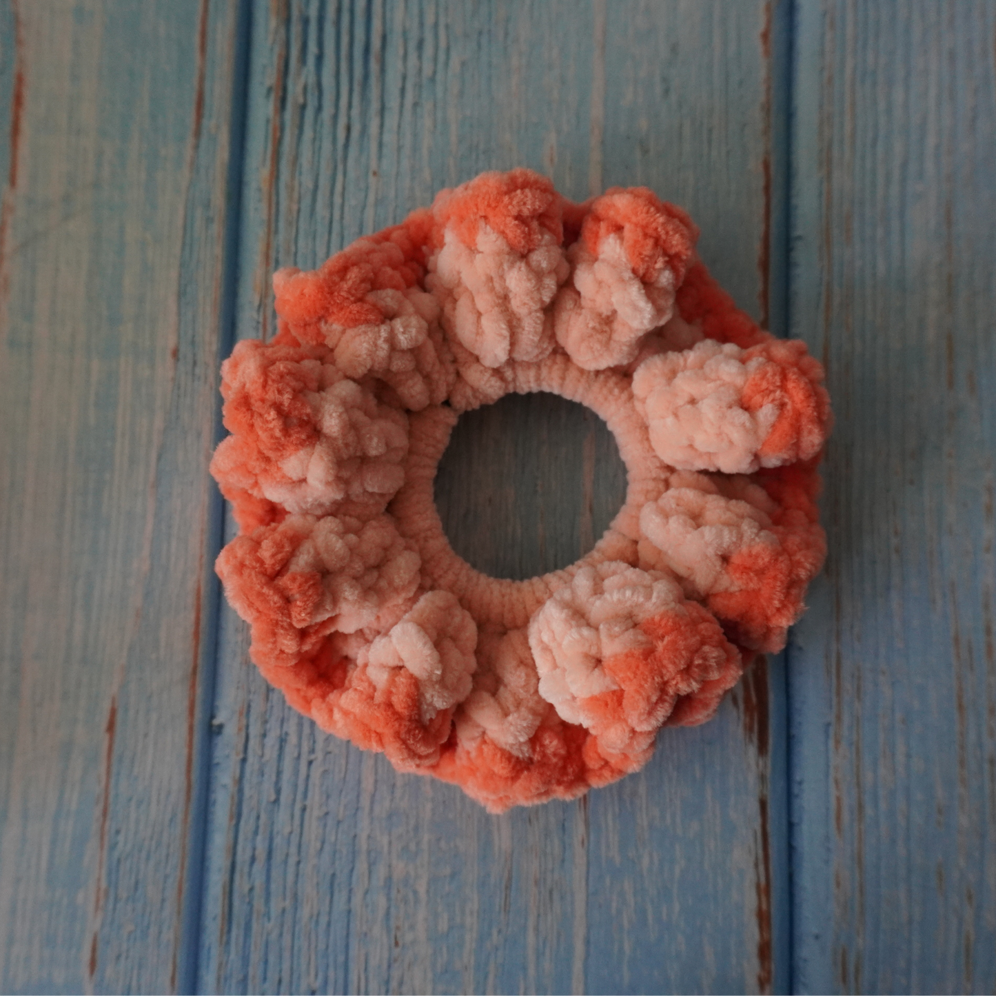 Pink, red and orange hues crochet scrunchies