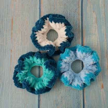 Green and blue hues crochet scrunchies