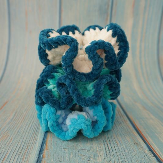 Green and blue hues crochet scrunchies