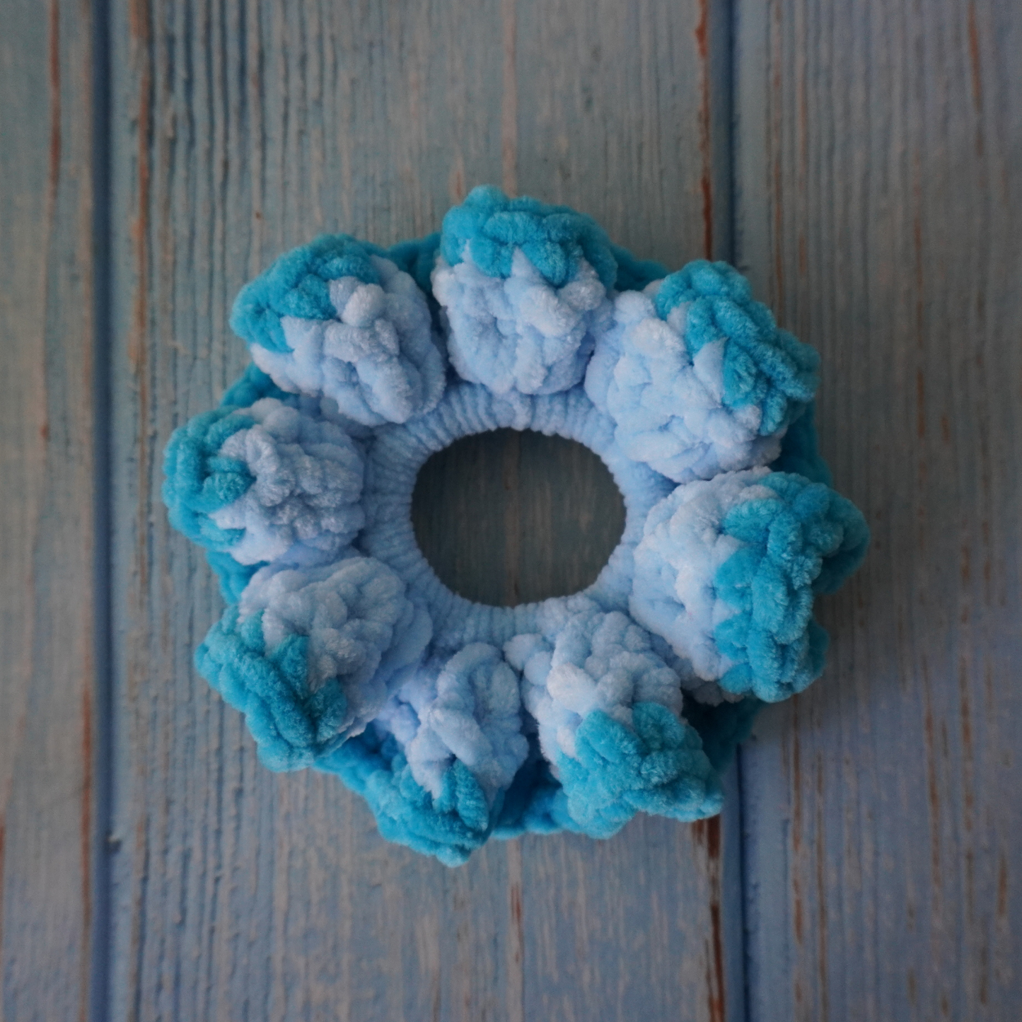 Green and blue hues crochet scrunchies