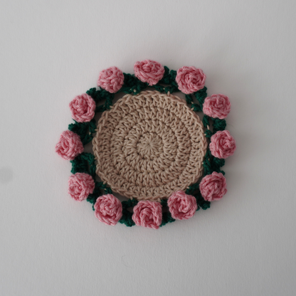 Pink rose crochet coaster