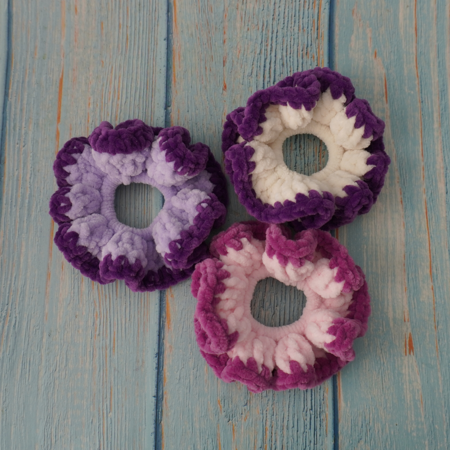Purple and pink hues crochet scrunchies