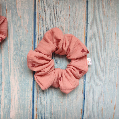 Dusty pink scrunchie with pink hearts