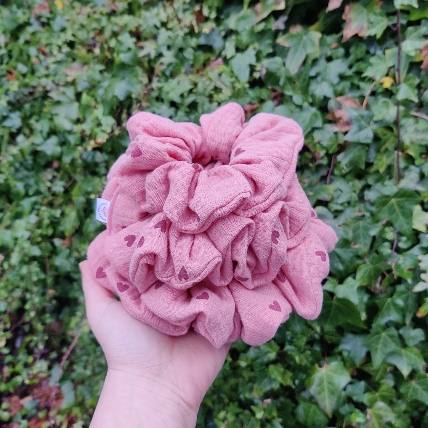 Dusty pink scrunchie with pink hearts