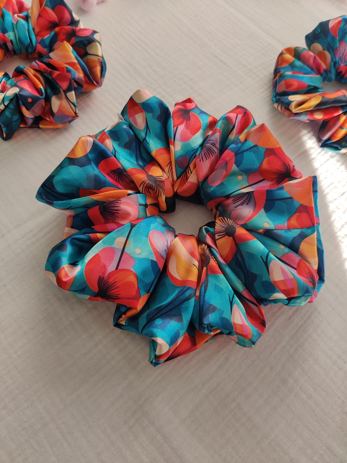 Elegant flower hair scrunchie, Stylish hair accessory, Fashionable colorful hair wrap, cute hairband, Hair wrap, Ponytail hair tie