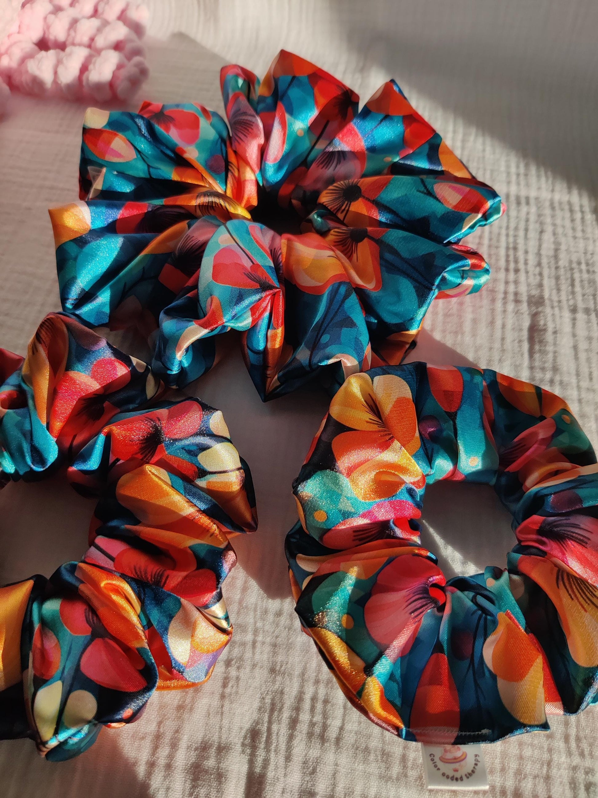 Elegant flower hair scrunchie, Stylish hair accessory, Fashionable colorful hair wrap, cute hairband, Hair wrap, Ponytail hair tie