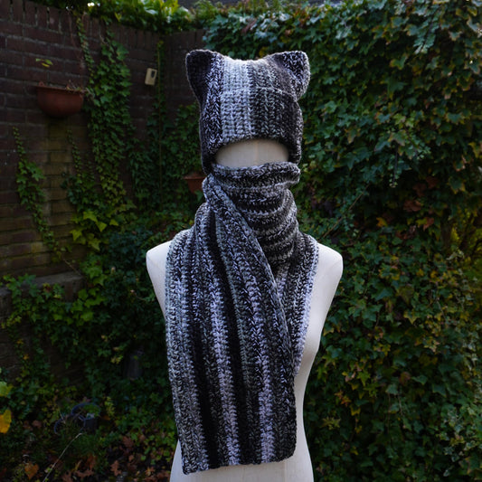Black/White Cat Ear Beanie and Scarf Set