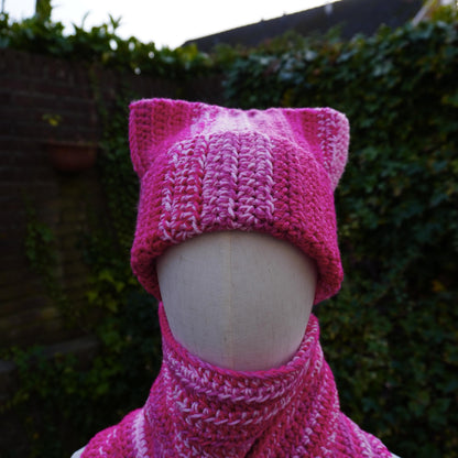 Pink Cat Ear Beanie and Scarf Set