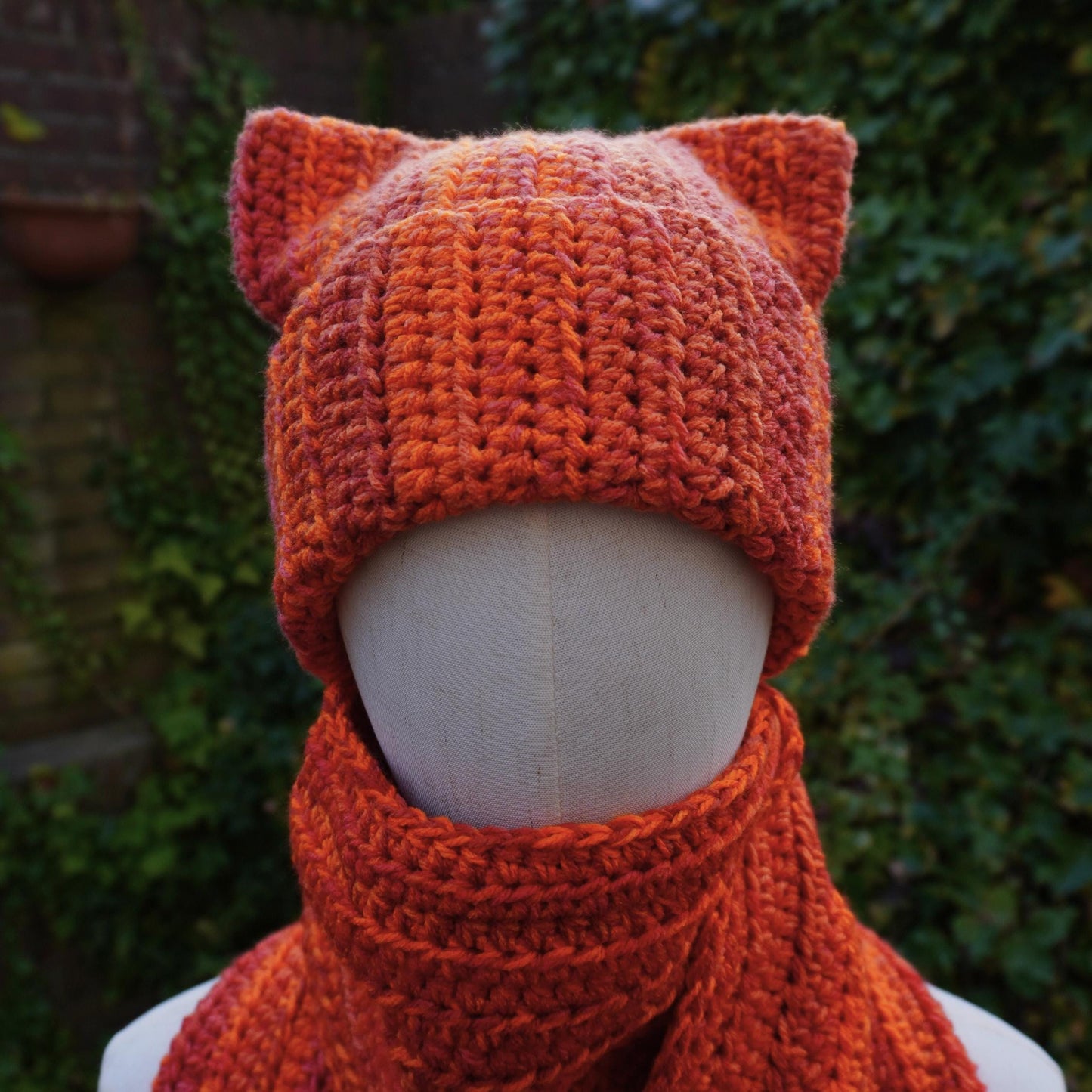 Orange Cat Ear Beanie and Scarf Set