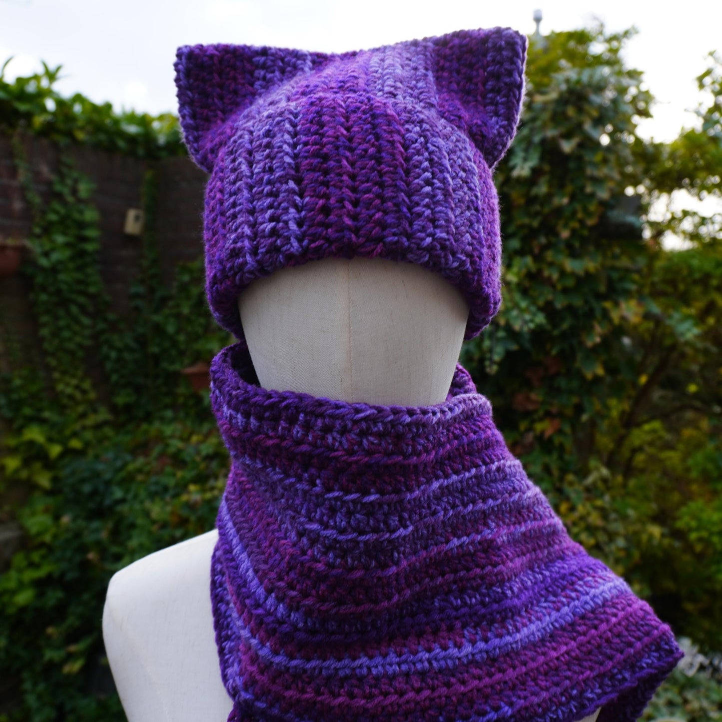 Purple Cat Ear Beanie and Scarf Set