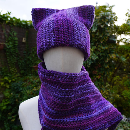 Purple Cat Ear Beanie and Scarf Set