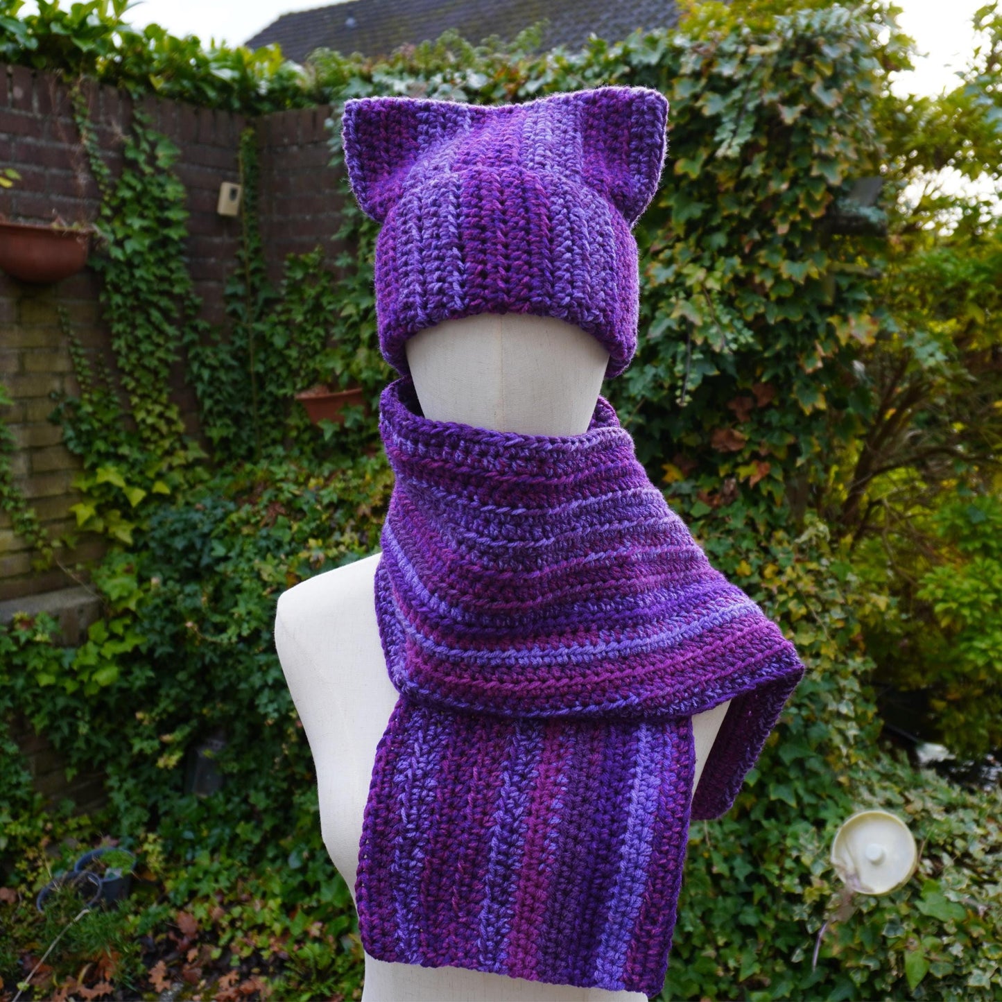 Purple Cat Ear Beanie and Scarf Set