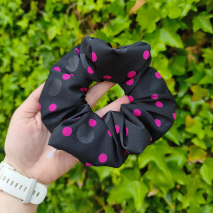 Black & Hot Pink Polka Dot Satin Scrunchie
