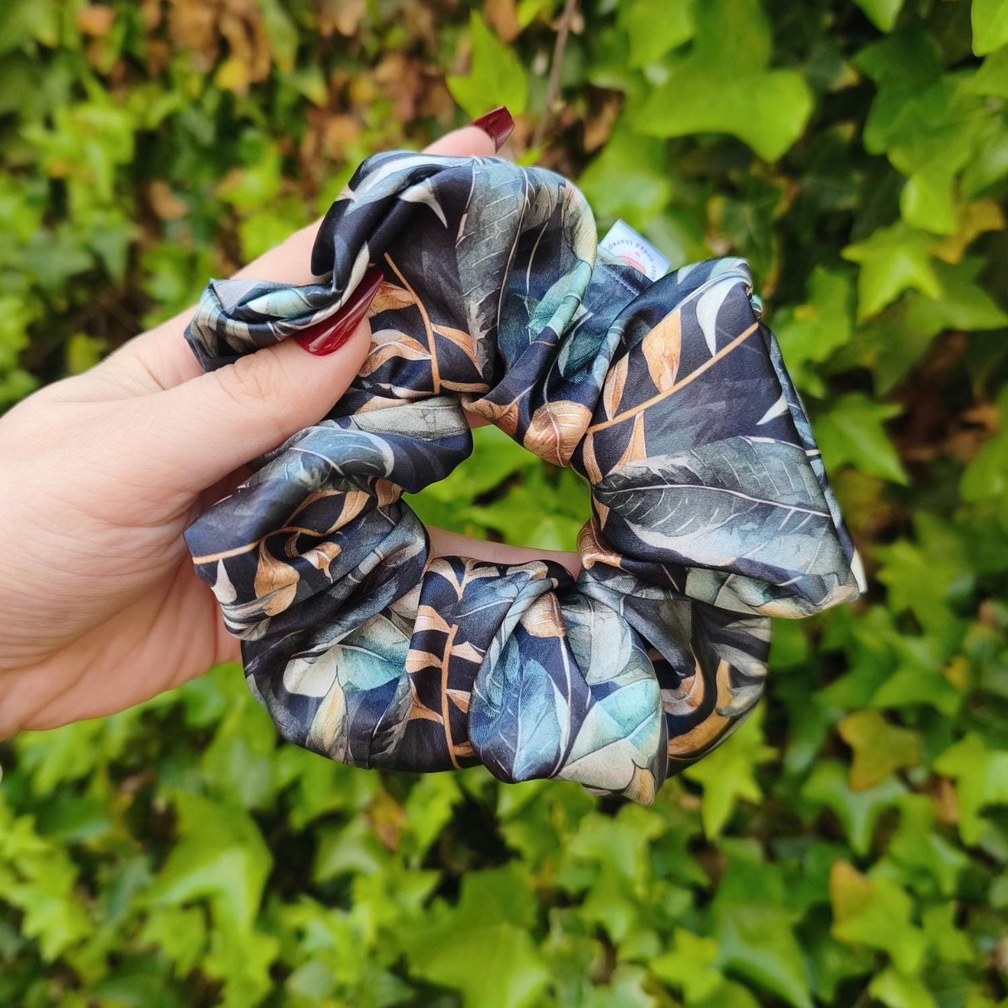 Navy & Gold Botanical Leaf Satin Scrunchie