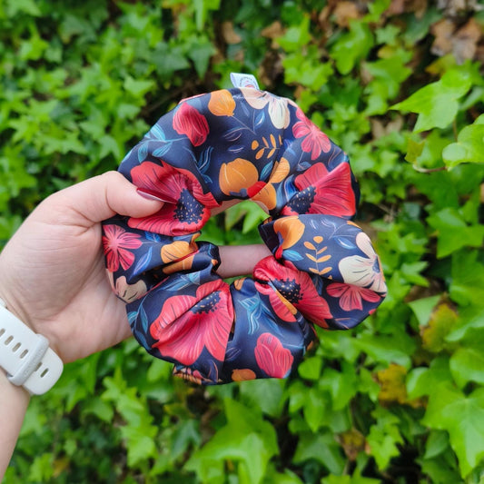 Navy & Red Floral Satin Scrunchie