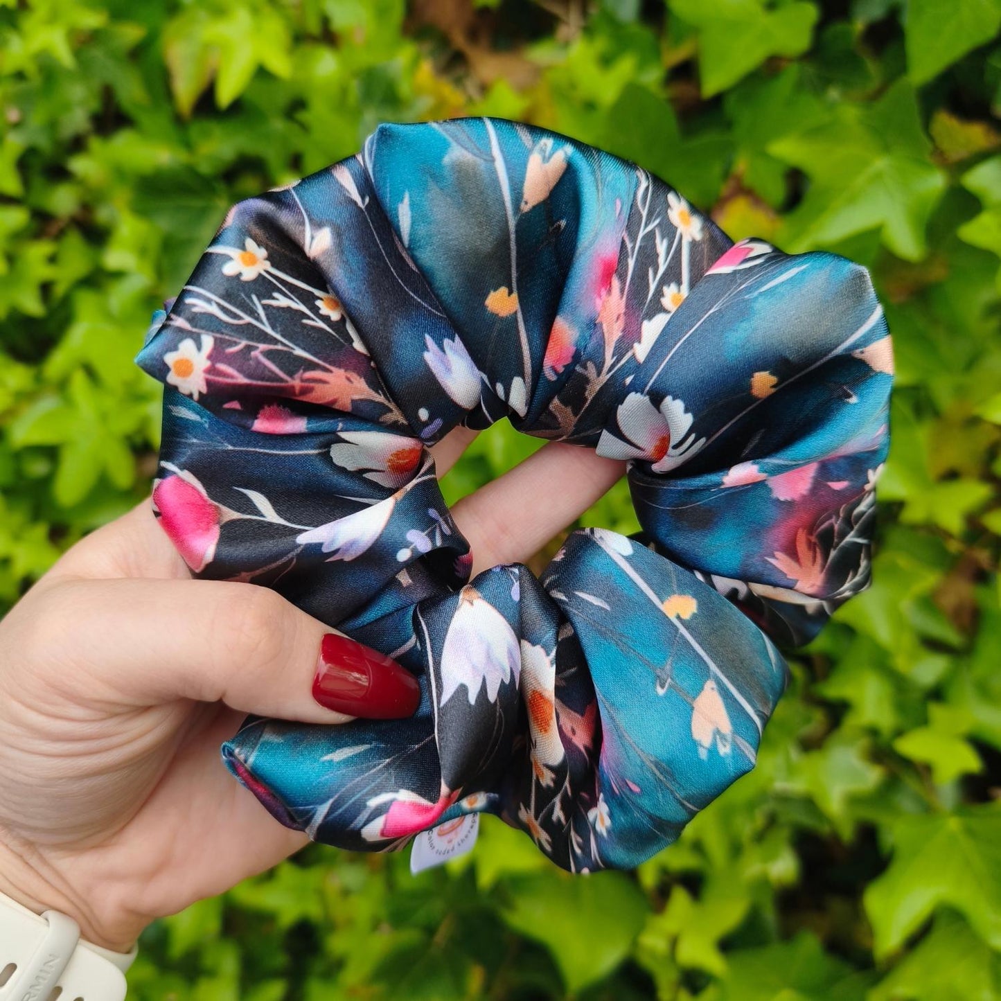 Navy & Teal Floral Satin Scrunchie