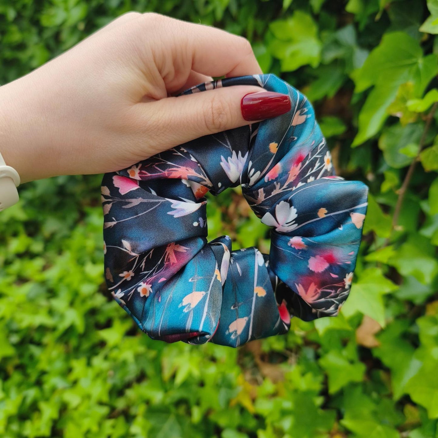 Navy & Teal Floral Satin Scrunchie