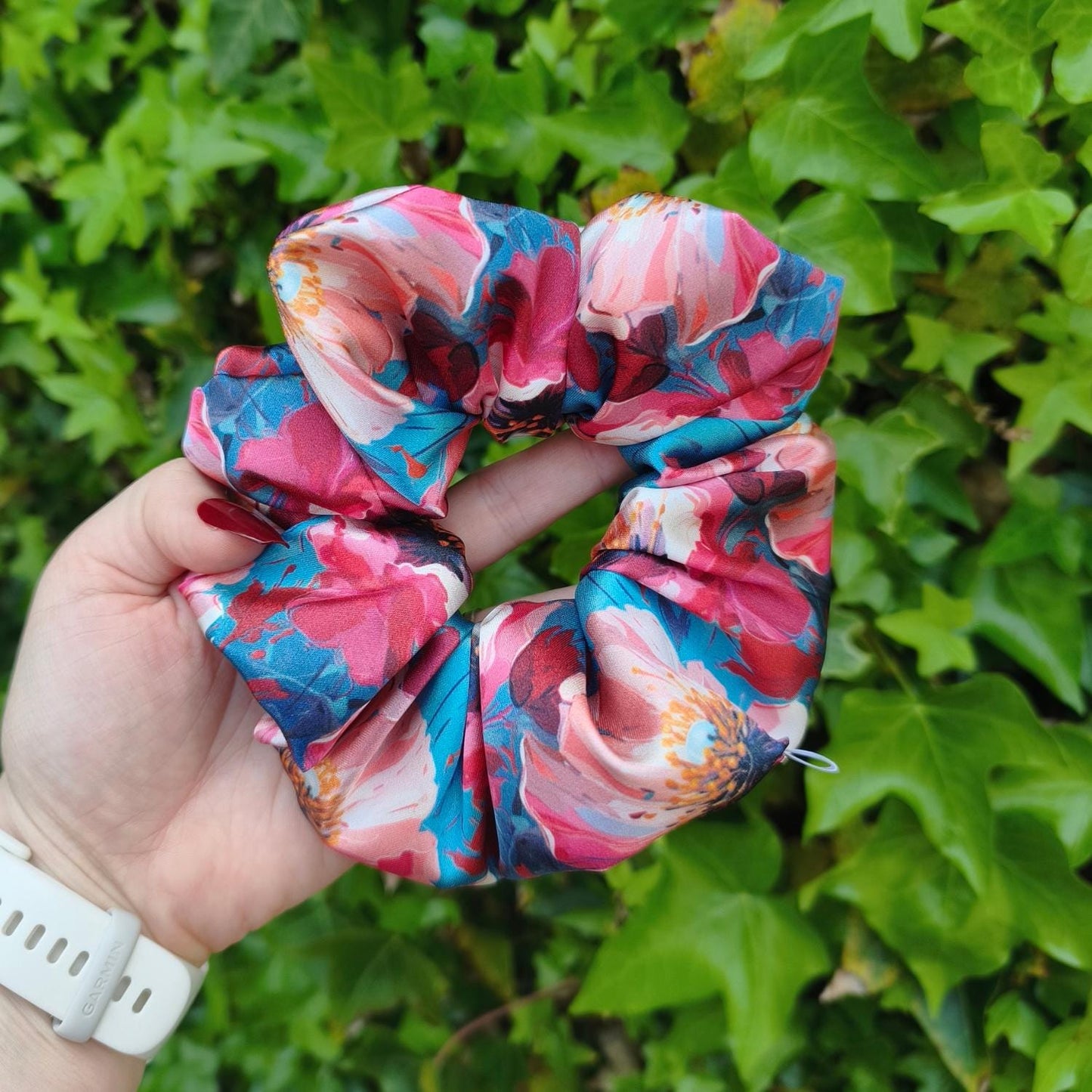 Pink & Teal Bold Floral Satin Scrunchie