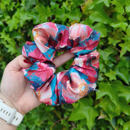 Pink & Teal Bold Floral Satin Scrunchie
