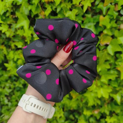 Black & Hot Pink Polka Dot Satin Scrunchie