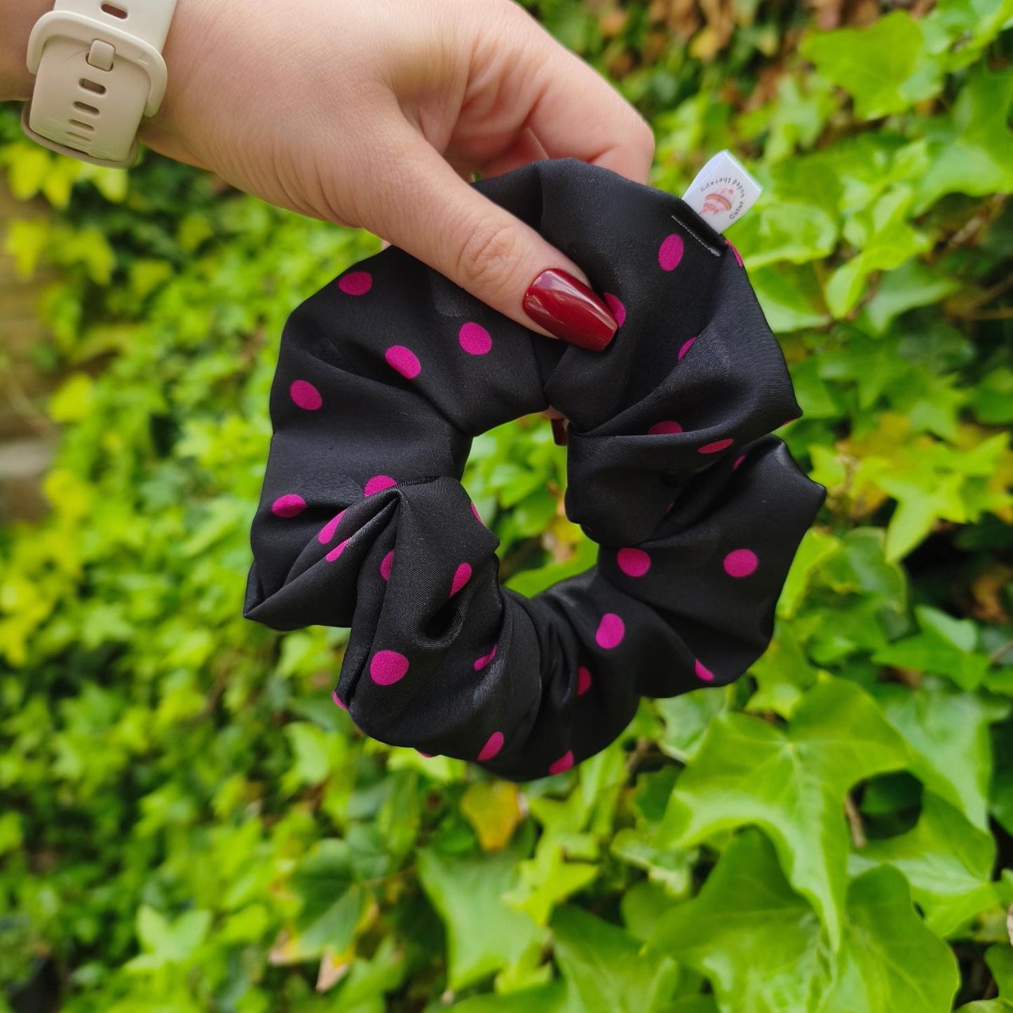 Black & Hot Pink Polka Dot Satin Scrunchie