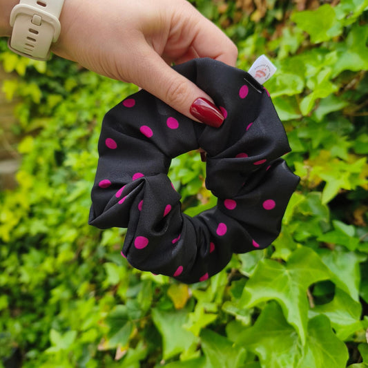 Black & Hot Pink Polka Dot Satin Scrunchie