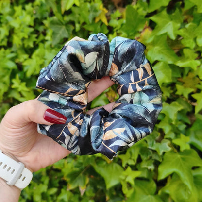 Navy & Gold Botanical Leaf Satin Scrunchie