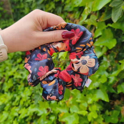 Navy & Red Floral Satin Scrunchie