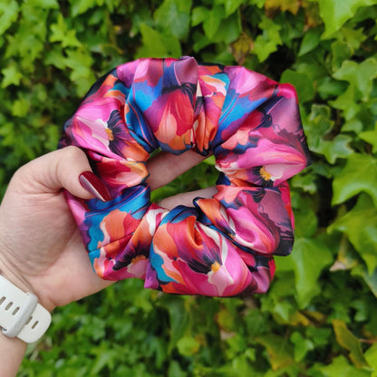 Pink & Orange Bold Floral Satin Scrunchie