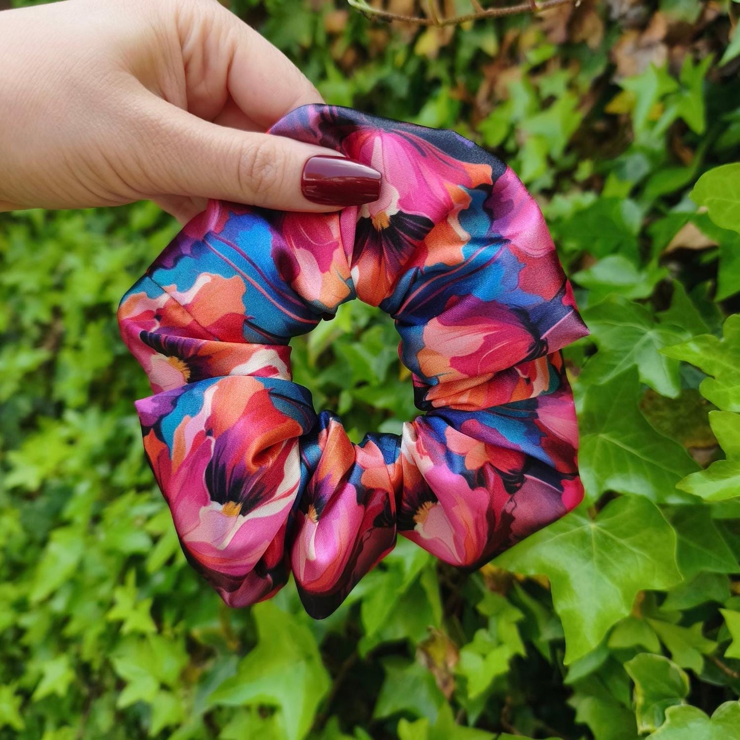 Pink & Orange Bold Floral Satin Scrunchie