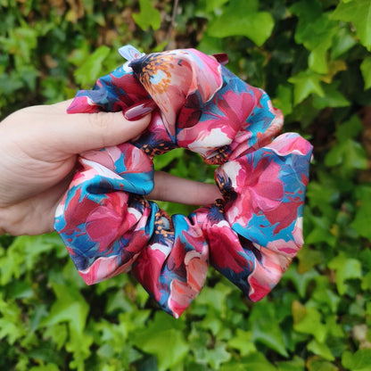 Pink & Teal Bold Floral Satin Scrunchie