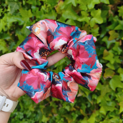 Pink & Teal Bold Floral Satin Scrunchie