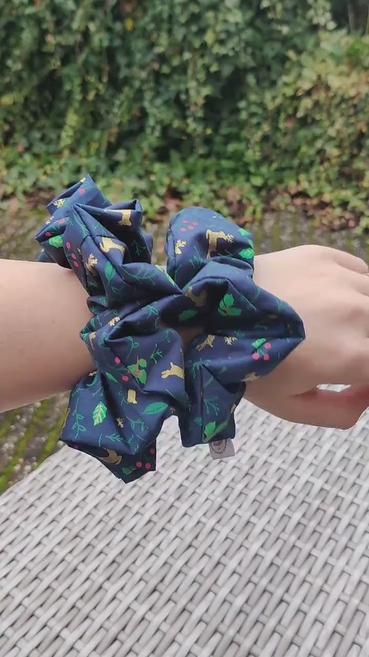 Christmas cotton scrunchie, Large reindeer scrunchie, Oversized boho chic scrunchie, winter hair care hairband, ponytail hair tie, festive